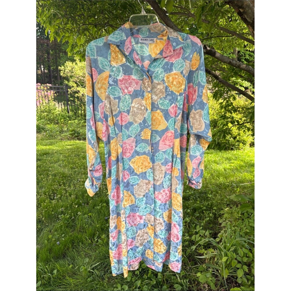 Vintage Andrea Gaye Blue Multi Floral Long Sleeve Button-Front Dress